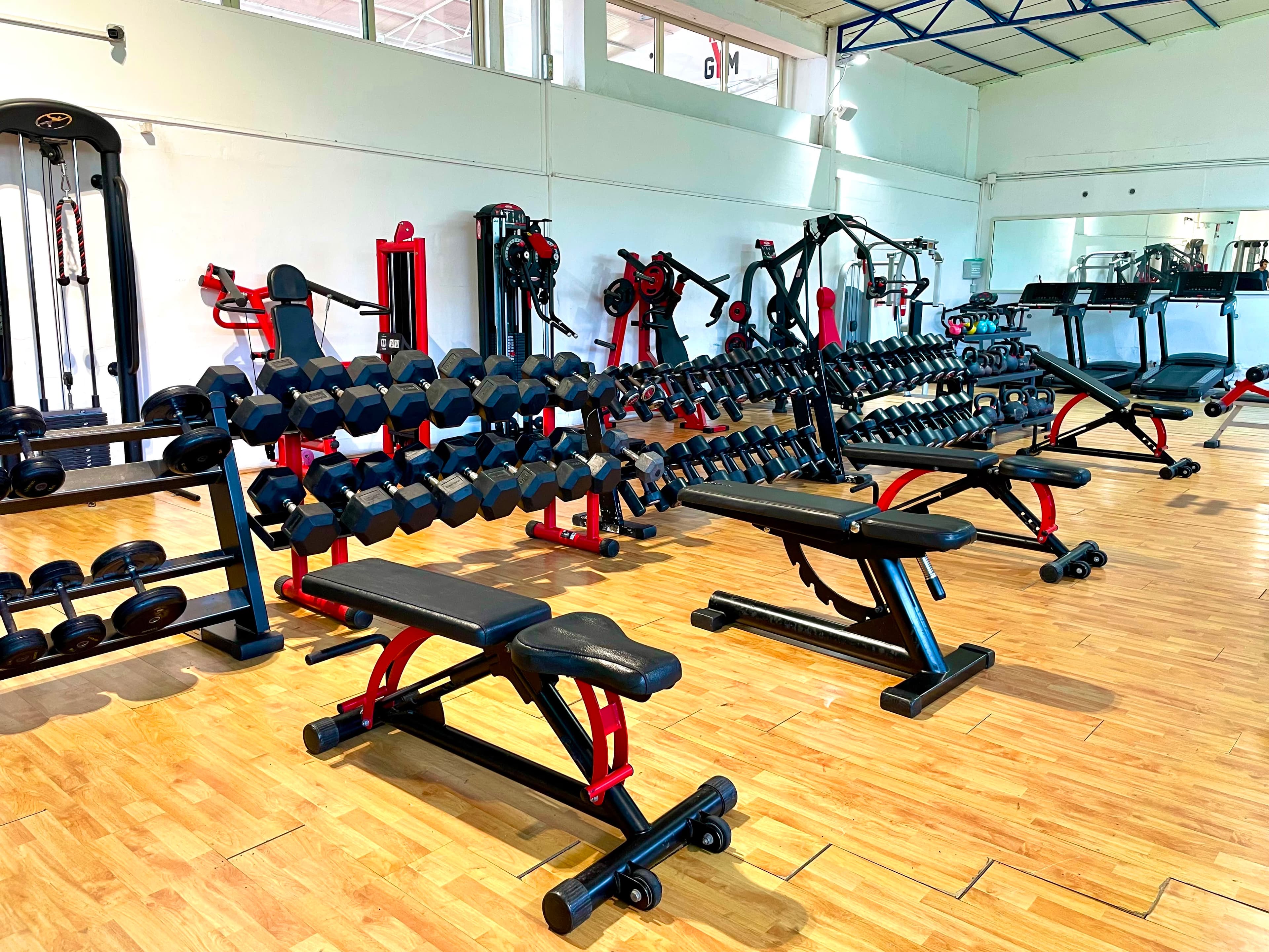 Sala pesi Revolution Gym con manubri e attrezzature professionali